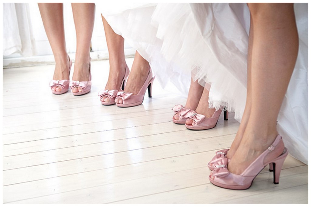Pink peep-toe wedding shoes with silver details